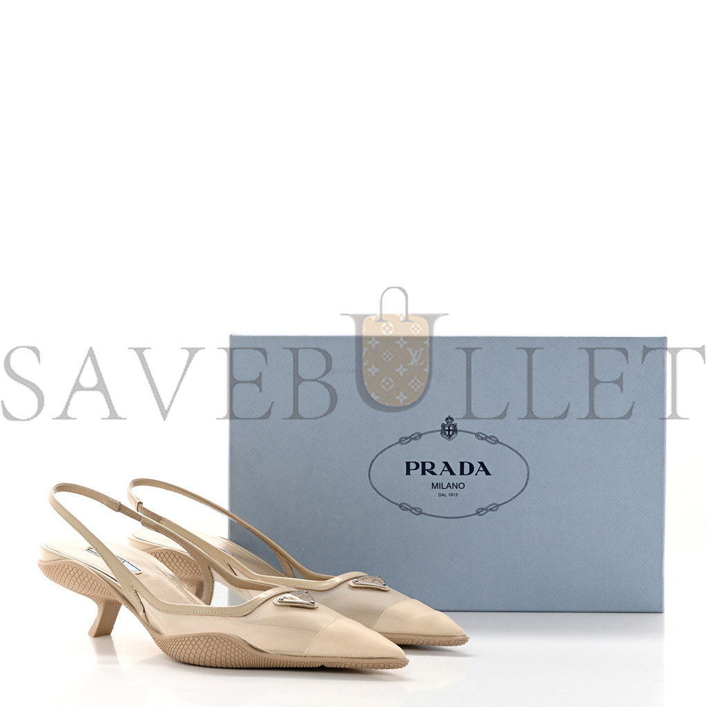 PRADA MESH NAPPA TRIANGLE LOGO POINTED TOE 45MM SLINGBACK PUMPS 38.5 DESERTO