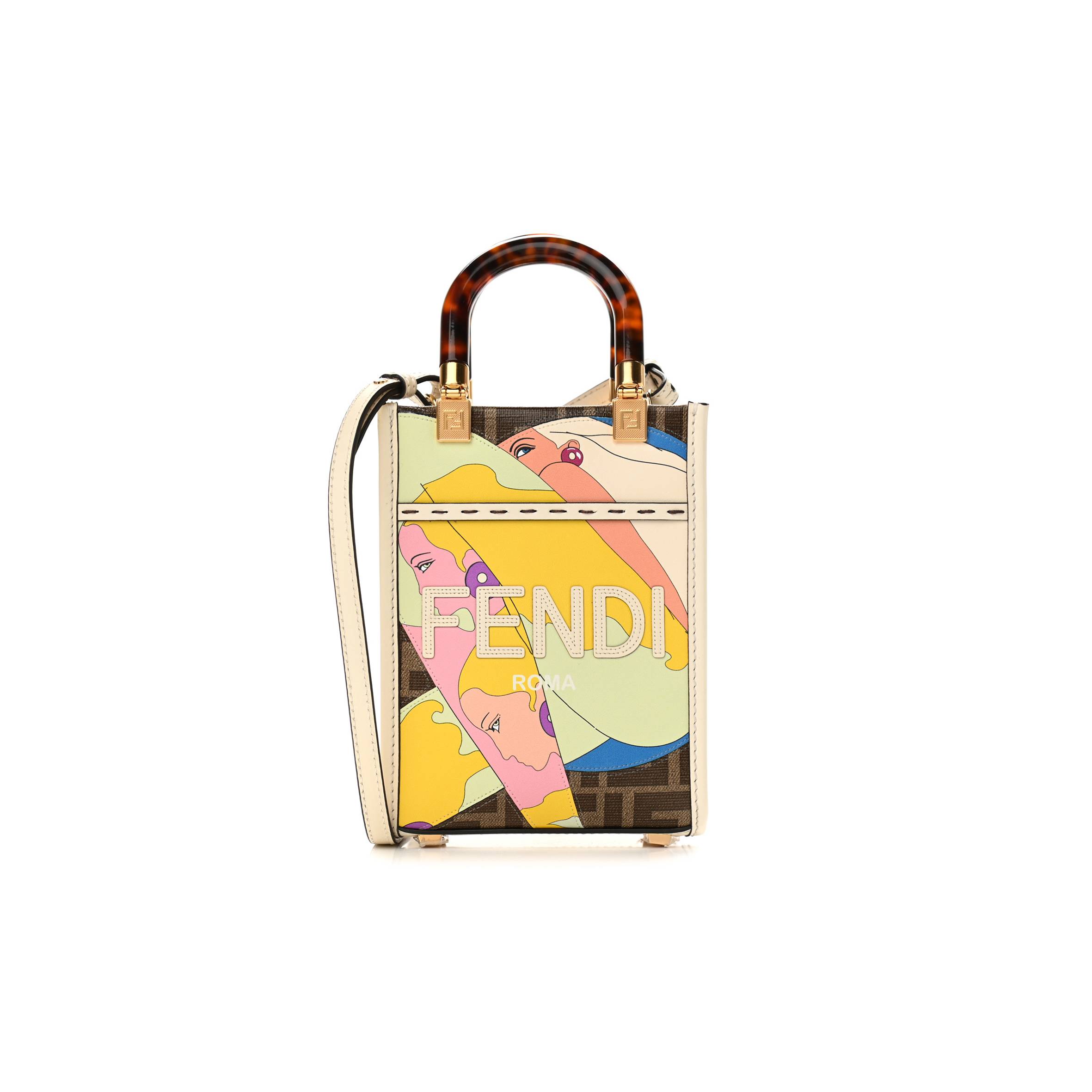 FENDI GLAZED FABRIC VITELLO KING PLEXIGLASS FF 1974 LOGO HAIRDO GIRLS INLAY MINI FENDI SUNSHINE SHOPPER TOTE MOGANO PANNA MULTICOLOR (17*13*5cm)