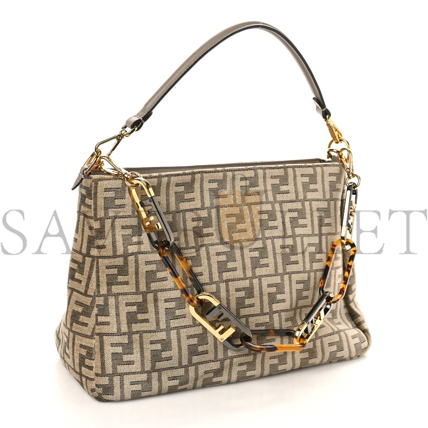 FENDI CHENILLE VITELLO SETA PLEXIGLASS FF FENDI O&#X27;LOCK ZIPPER TORTORA NUVOLA (34*23*13cm)