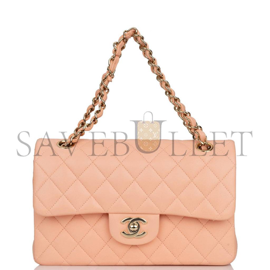 CHANEL SMALL CLASSIC DOUBLE FLAP PEACH LAMBSKIN LIGHT GOLD HARDWARE (23*13*6cm)