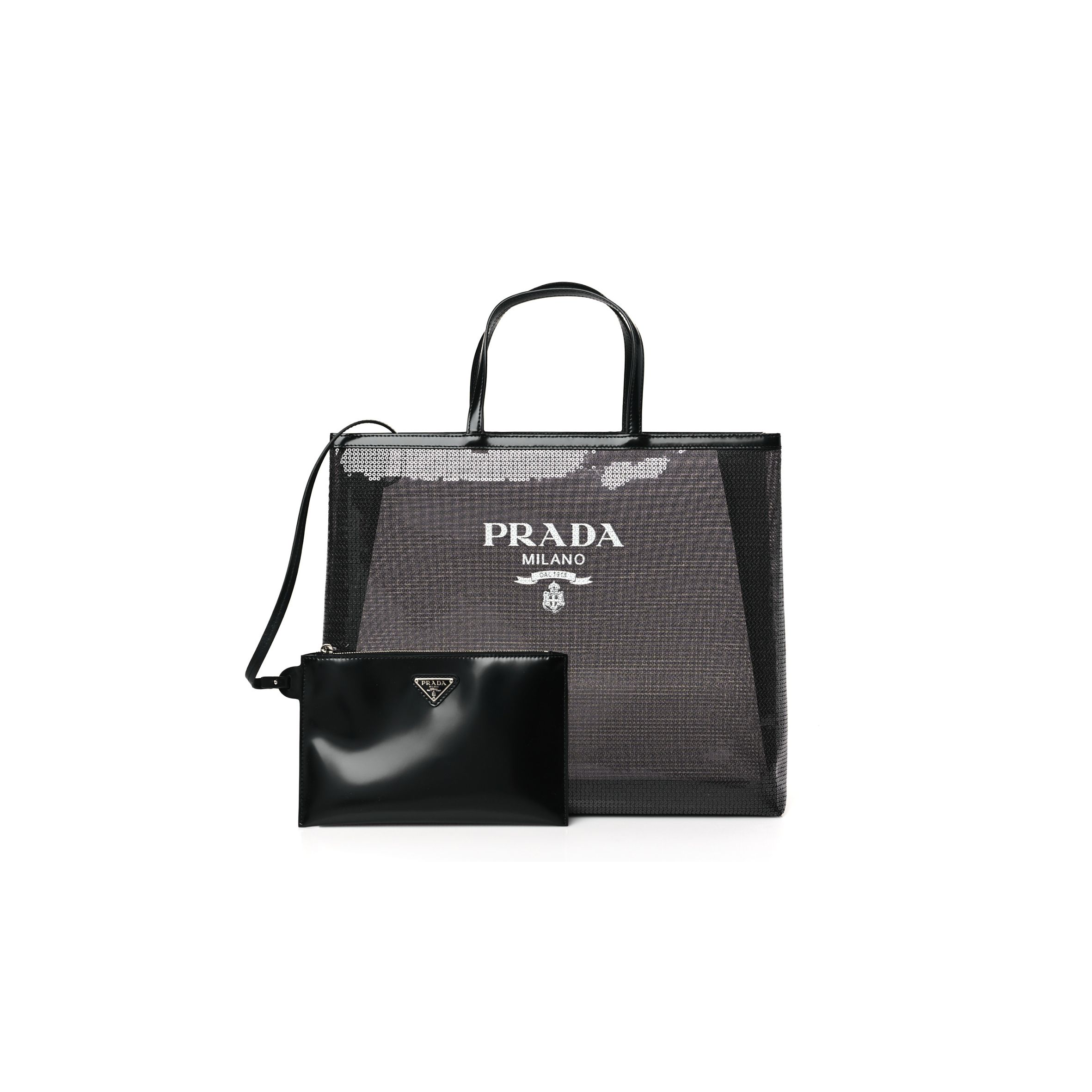 PRADA MESH SEQUIN SPAZZOLATO LOGO TOTE BLACK (36*30*9cm)