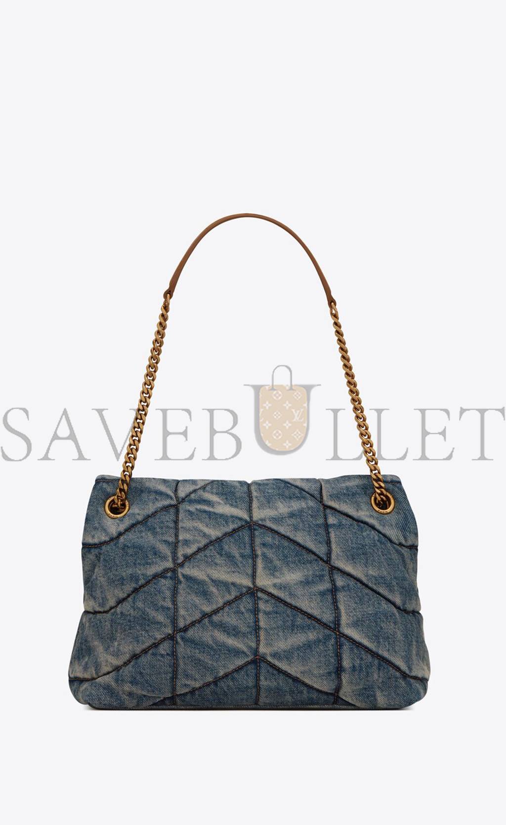 YSL PUFFER MEDIUM CHAIN BAG IN QUILTED VINTAGE DENIM AND SUEDE 5774752PT674575 (35*23*13.5cm)