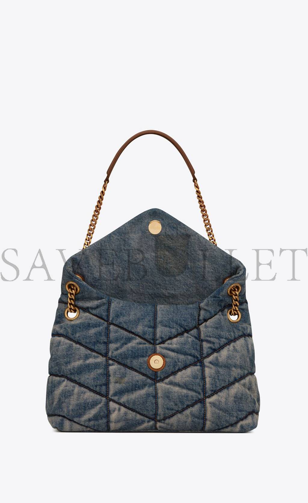 YSL PUFFER MEDIUM CHAIN BAG IN QUILTED VINTAGE DENIM AND SUEDE 5774752PT674575 (35*23*13.5cm)