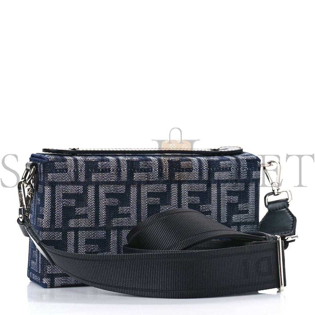 FENDI FABRIC JACQUARD REACTIVE JEAN DENIM VITELLO COVER FF BAGUETTE SOFT TRUNK BLUE BLACK (21*12*6cm)