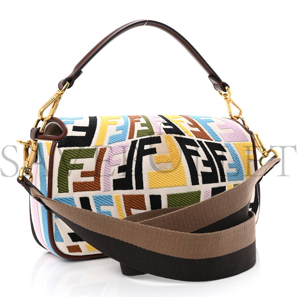 FENDI X SARA COLEMAN CANVAS VITELLO KING SETA FF FISH EYE EMBROIDERED BAGUETTE GREZZO MULTICOLOR GHIANDA (28*15*6cm)