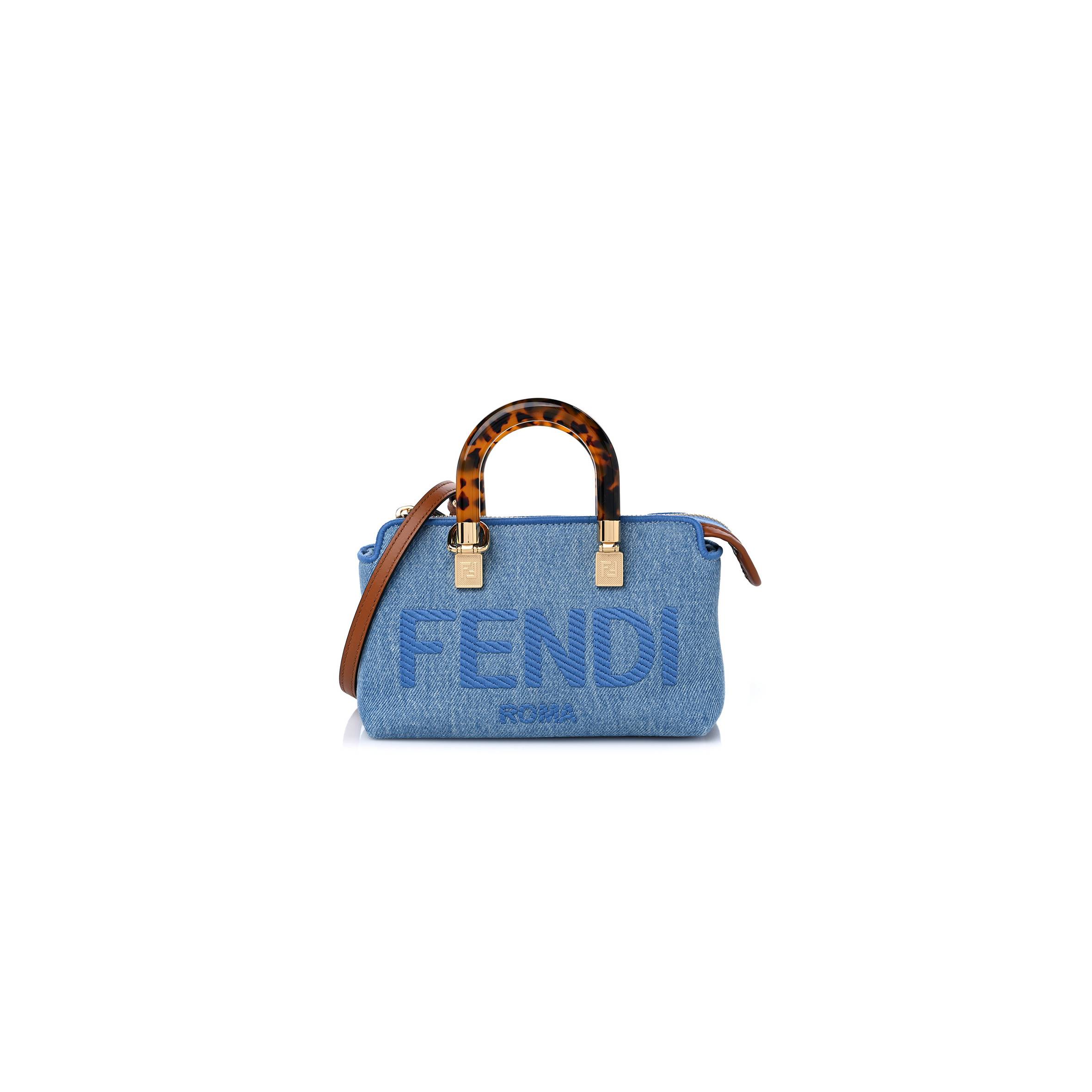 FENDI DENIM VITELLO KING PLEXIGLASS LOGO EMBROIDERED MINI BY THE WAY TOP HANDLE BOSTON BAG LIGHT BLUE (18*10*9cm)